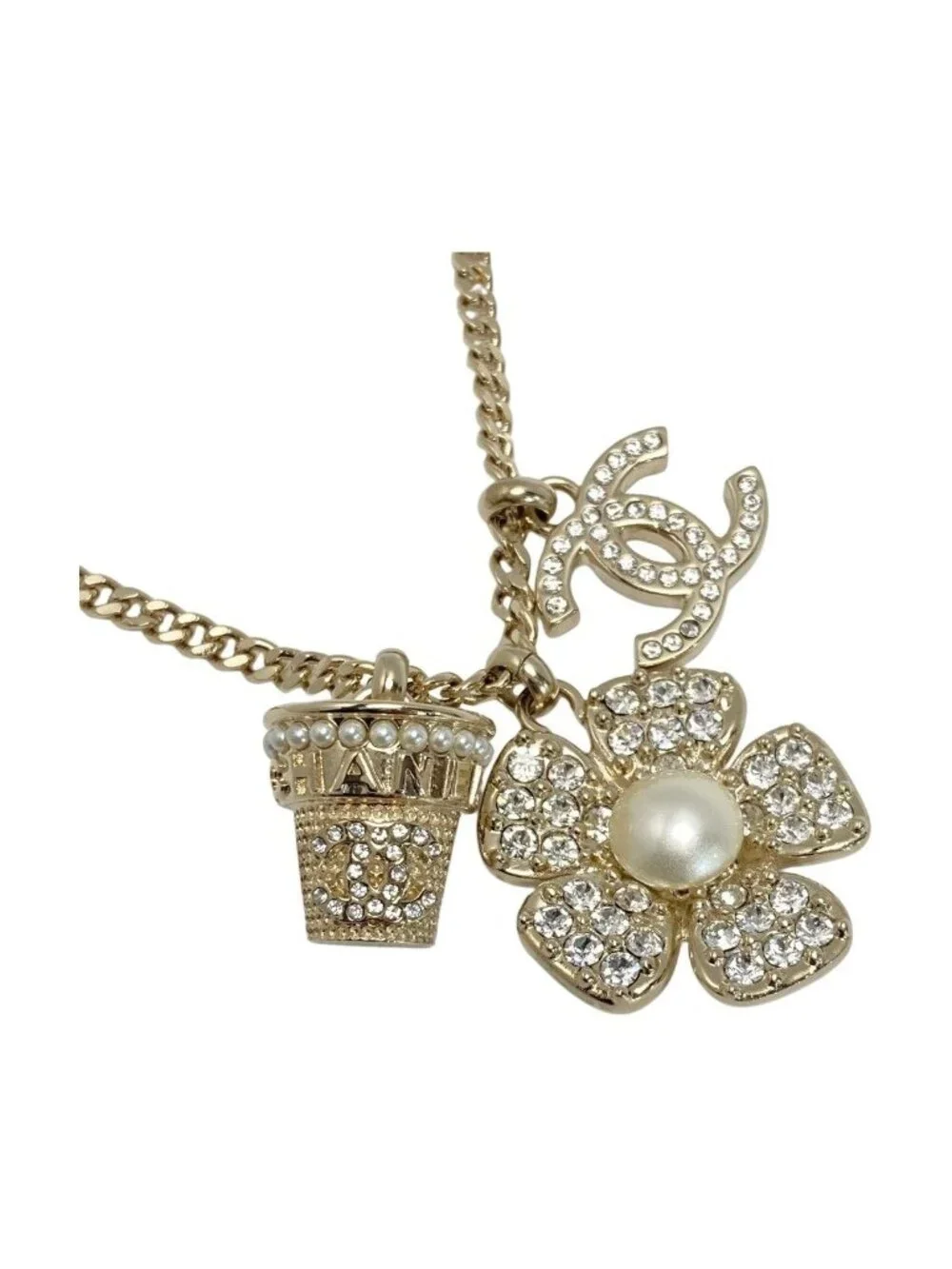 Chanel Coco Mark Flower Necklace B23 S Gold GP Rhinestone Faux Pearl